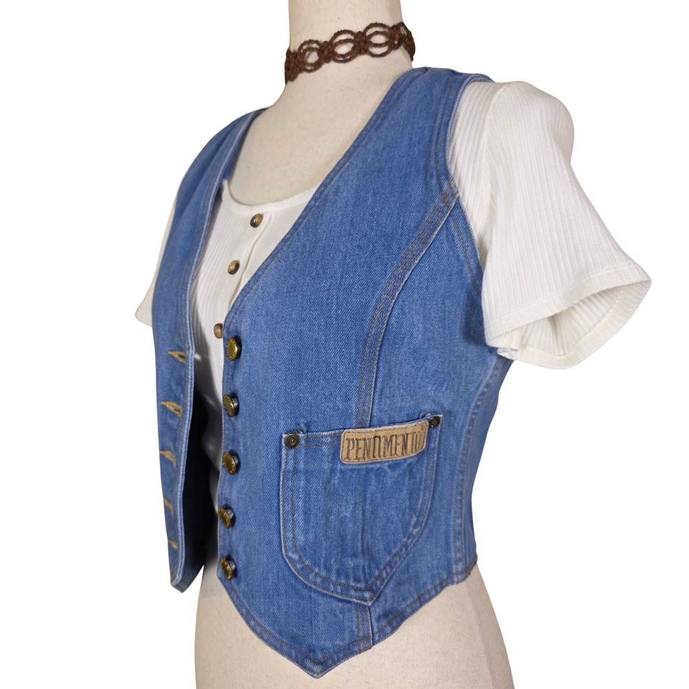 Vintage 70s Pentimento Denim Jean Vest Size S Blue Retro Boho Grunge Cottage